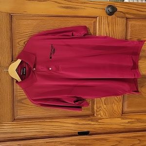 A man's River's End Golf shirt, short sleeved in red, size large.